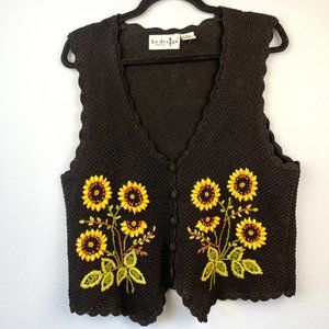 Vintage 90s BY DESIGN Embroidered Sweater Vest Sunflowers